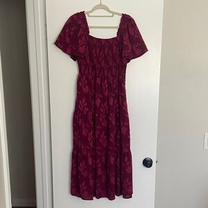 Women’s Burgundy Floral Midi Dress with Smocked Bodice